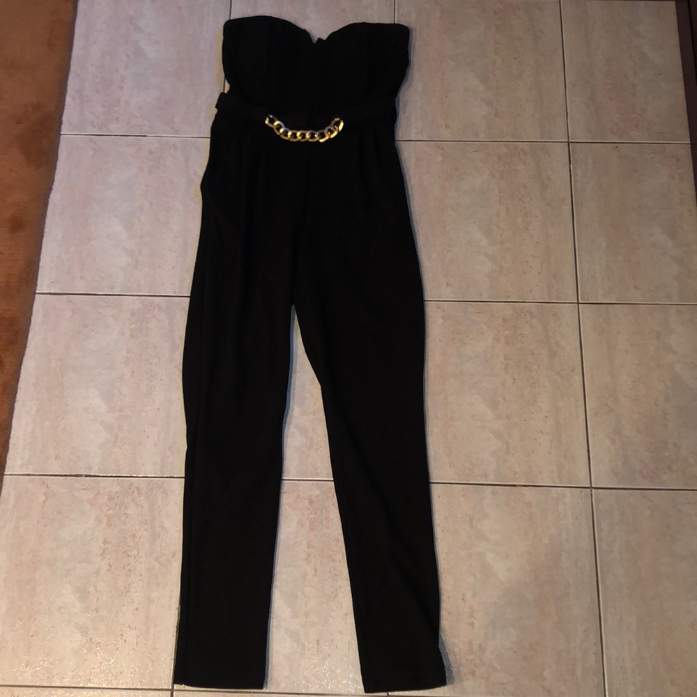 Material Girl Black Strapless Jumpsuit w/gold belt
